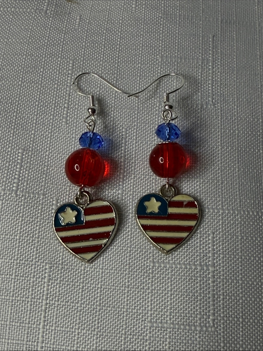 Red and Blue Heart Dangle Earrings with Flag Motif